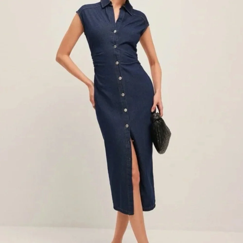 NWT COMMENSE V-Neck Navy Denim Button Down Sleeveless Midi Dress XS - Picture 4 of 8
